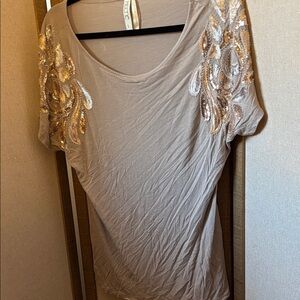 Kische Taupe Sequin Short Sleeve Top large